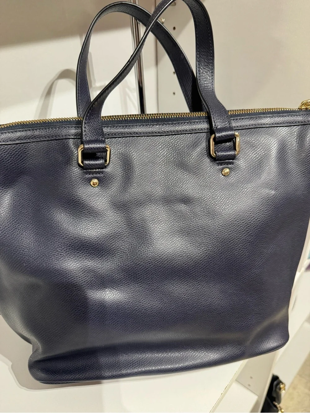 Coach Ashley Navy Pebbled Leather Tote with Detachable Strap and Gold Hardware